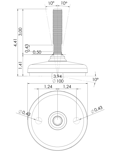 Machine foot HP100-UNC 5/8 x 3, AISI 304