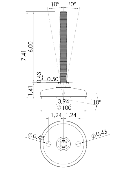 Machine foot HP100-UNC 5/8 x 6, AISI 304