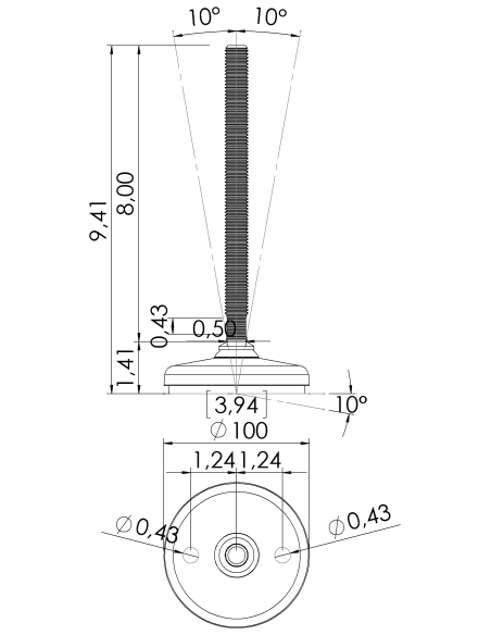 Machine foot HP100-UNC 5/8 x 8, AISI 304