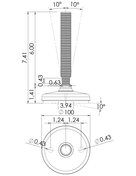 Machine foot HP100-UNC 7/8 x 6, AISI 304