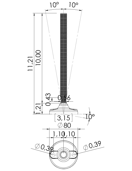 Machine foot HPA-FIX81-UNC 3/4 x 10, AISI 304, 2 fixations