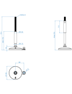 Machine foot XH-FIX126-M20 x 280/150-M20 x 115, AISI 304, Black NBR, 1 fixation 2